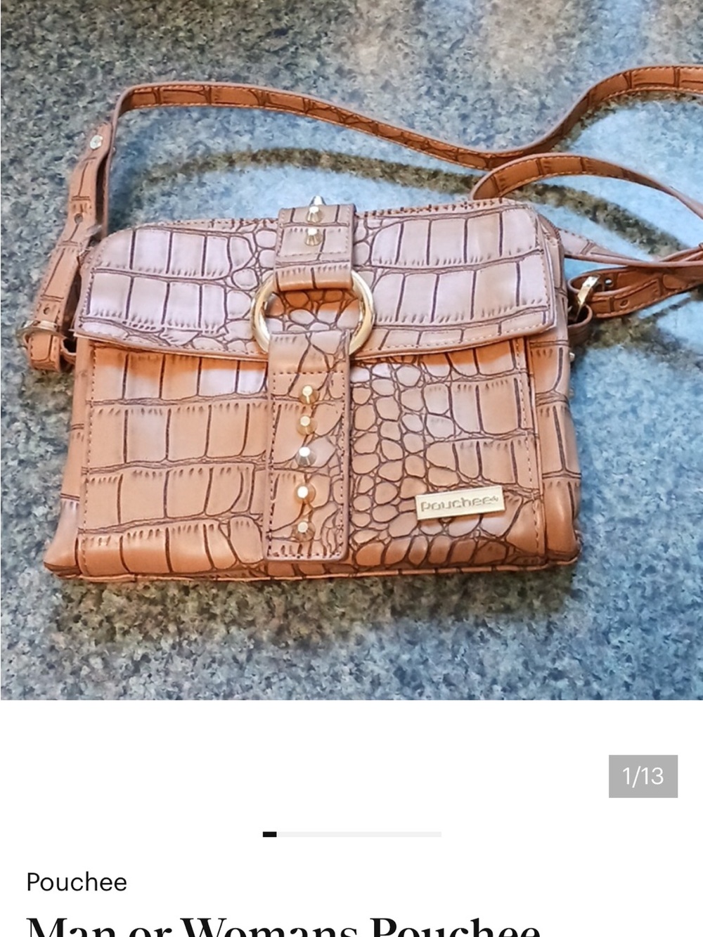 Croc-Embossed Tan Crossbody with Gold Ring Detail